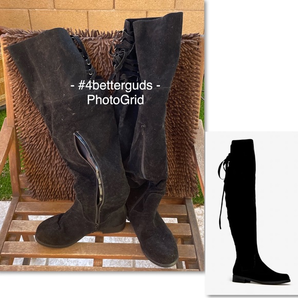 New Ramona High Over-The-Knee Lace Up Faux Suede Flat Boot in Black 8 Extra Wide - Picture 16 of 16